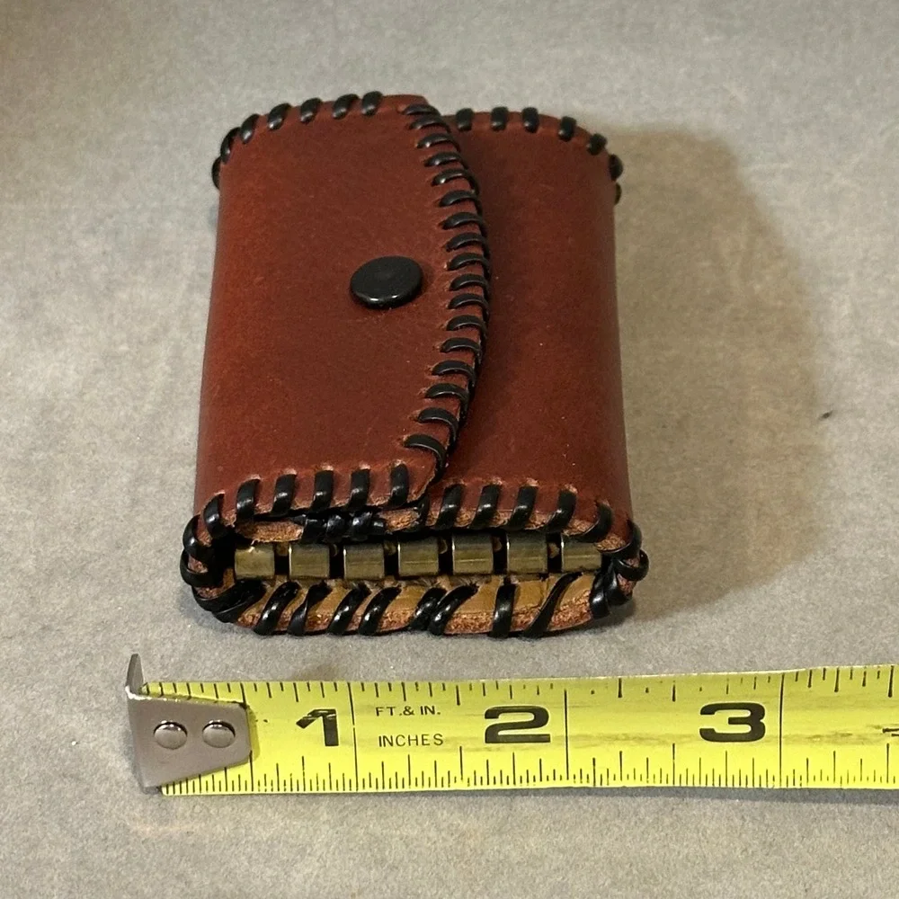Vintage Brown Leather Key Case 6 Hook Holder Whipstitch Detail Snap Closure